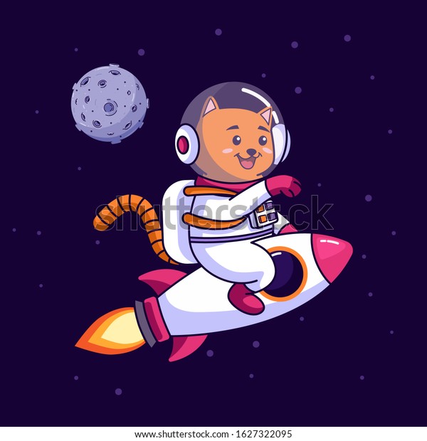 Cat astronaut riding rocket in space, vector cartoon illustration.
