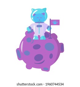 El astronauta del gato enarbola la bandera en la caricatura del vector del planeta ilustración aislada sobre el fondo blanco
