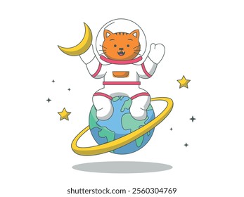 Cat astronaut sitting in the globe, cute and adorable imagination. Character design. Vector flat illustration