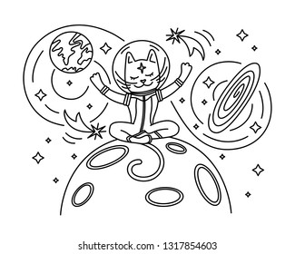 Cat astronaut sitting on the Moon. Vector