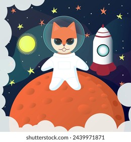 Cat astronaut in space. Space adventures. Vector illustration.