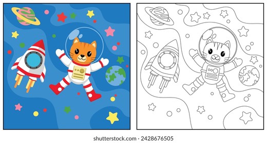 cat astronaut in space. Black and white vector illustration for coloring book