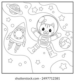 cat astronaut in space. Black and white vector illustration for coloring book