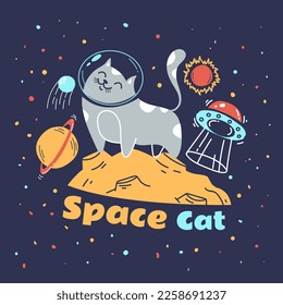 Cat astronaut space character cute animal print cartoon doodle style concept. Vector graphic design illustration