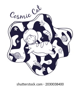 Cat Astronaut in Space Coloring Page. Hand Drawn Cute print with flying cosmic animal in galaxy for logo, kids graphic tees, prints, stickers, coloring book and nursery decor