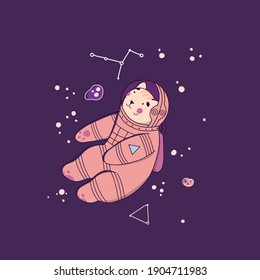 Cat astronaut in space, Flat Cartoon vector illustration. Black background.
