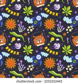 Cat astronaut in space, hippie pattern.Seamless pattern