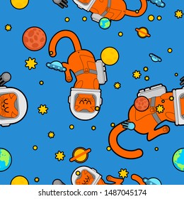 Cat astronaut space pattern seamless. Pet spaceman background. Kitty cosmonaut costume. Universe Baby cloth textire