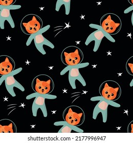 Cat astronaut in space seamless pattern, cartoon kitten and and stars on a black background