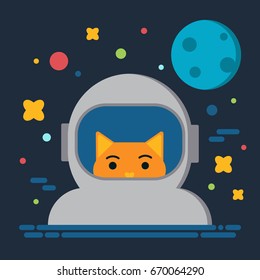 Cat astronaut in space vector illustration, solar system universe, moon, starts flat cartoon design