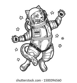 Cat astronaut spaceman in space sketch engraving vector illustration. Tee shirt apparel print design. Scratch board style imitation. Black and white hand drawn image.