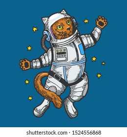 Cat astronaut spaceman in space sketch engraving vector illustration. Tee shirt apparel print design. Scratch board style imitation. Black and white hand drawn image.