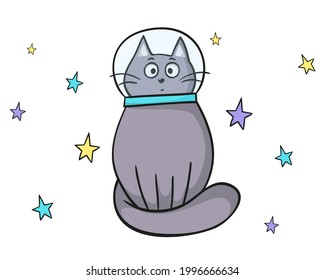 cat, astronaut, spacesuit, animal, stars, gray, vector, doodle, opener, cosmonautics day, cartoon, flat, lines, stroke, illustration, cartoon, cute, funny, white, vector, design, animals, happy, night