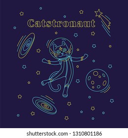 Cat astronaut in spacesuit flying in space. Outline vector illustration. Design for kids print, poster, t-shirt, apparel, postcards.