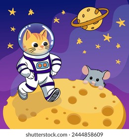 A cat astronaut in a spacesuit landed on a cheese planet with mice. Open space. Flat vector style. For children, covers, books.