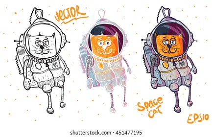 Cat in astronaut suit. Hand drawn vector illustration. 