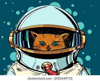 A cat in an astronaut suit is watching. Space research and experiments of the future. Galactic promotions in the pet store. Comic cartoon pop art retro vector illustration hand drawing