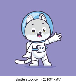 Cat astronaut waving hand cartoon illustration