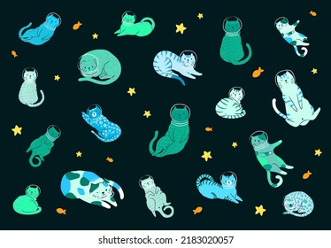 Cat astronauts illustration vector set. Cartoon cats. Alien cats in astronaut helmets. Sci-fi space stars, goldfish.