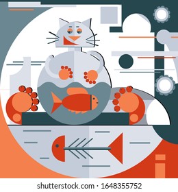 The cat ate the fish it is in his stomach and next to it lies the skeleton of another fish. Modern vector in the style of Swiss design. Bauhaus. Unique geometric design. Geometric cat. vector 