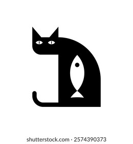 Cat ate fish sign. Fish inside cat symbol icon