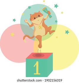 Cat - athlete champion on a podium rejoices in victory. Vector illustration, sticker, icon.