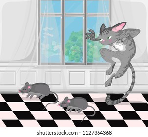 Cat attacking mice Vector. cartoon character funny illustrations