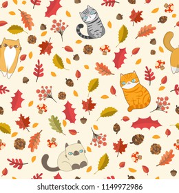 Cat in autumn concept Seamless Pattern in Vector wallpaper.
