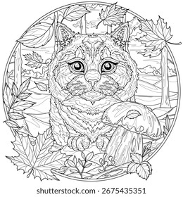 Gato na floresta de outono em moldura redonda .livro de coloração antistress para crianças e adultos. Ilustração isolada em fundo branco. Desenho da mão