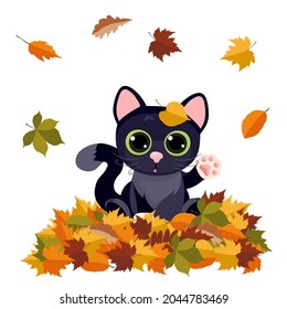 Katze und Herbst. Das Kätzchen sitzt auf den gefallenen Blättern. Herbstlaub. Vektorgrafik.