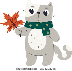 Cat With Autumn Leaf Vector Illustration