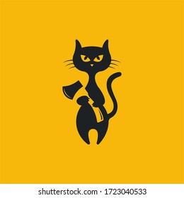 cat and ax negative space style logo design vector illustration