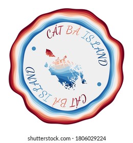 Cat Ba Island badge. Map of the island with beautiful geometric waves and vibrant red blue frame. Vivid round Cat Ba logo. Vector illustration.