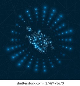 Cat Ba Island digital map. Glowing rays radiating from the island. Network connections and telecommunication design. Vector illustration.