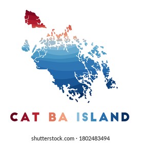 Mapa de la isla Cat Ba. Mapa de la isla con bellas olas geométricas en colores azul rojo. Forma Vivid Cat Ba. Ilustración vectorial.