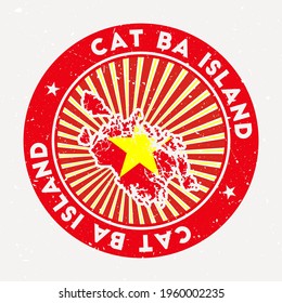 Cat Ba Island round stamp. Logo of island with flag. Vintage badge with circular text and stars, vector illustration.