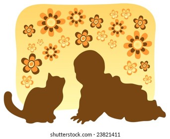 Cat and baby silhouettes on a yellow floral background