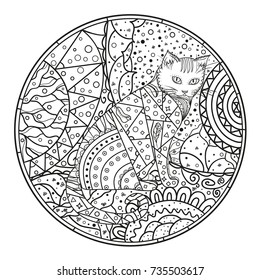Cat. Background. Circle mandala. Hand drawn cat with abstract patterns on isolation background. Design for spiritual relaxation for adults. Black and white illustration for coloring. Zentangle