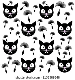 Cat background with dandelion seeds isolated  on white background. Vector illustration