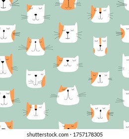 Cat background, seamless pattern. Vector flat illustration. Cartoon cat characters seamless pattern. Different cat`s emotions set.
