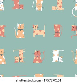 Cat background, seamless pattern. Vector flat illustration. Cartoon cat characters seamless pattern. Different cat`s poses and emotions set.