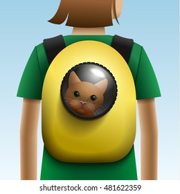 Cat in the backpack with porthole. Vector illustration