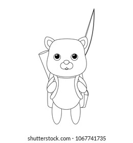 Cat with a backpack. Vector stock illustration. Coloring for kids. Black and white picture. Children's drawing in cartoon style. It can be used for design of educational activities, journal, book.