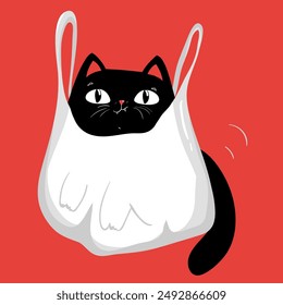 Cat in a bag. Funny Animal. A kitten with bad behavior. Vector illustration on white background.