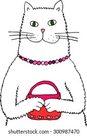 Cat with a bag. Hand drawn illustration.