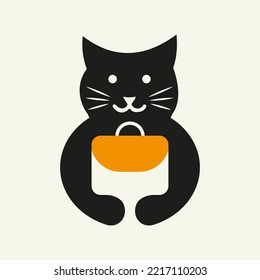 Cat Bag Logo Negative Space Concept Vector Template. Cat Holding Bag Symbol