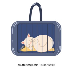 Gato en la bolsa. Transporte de animales. Un gato lindo sentado en una bolsa de viaje. El concepto de viajar con animales. Dibujar mano Ilustración Vector.