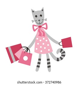 Cat with bags shopping vector illustration