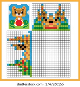 Cat with ball. Colorful japanese crossword with answer. Color by numbers. Coloring book for kids. Nonogram. Puzzle Game for school Children.