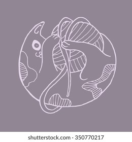 Cat with a ball, knitting kitten, cat playing with tangle on purple background